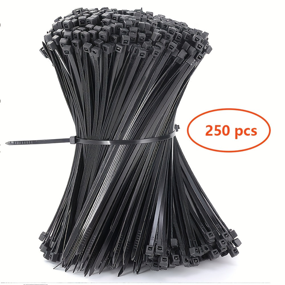 250 Heavy Duty Cable Zip Ties - 10.16-25.4 cm, 22.68 KG Tensile Strength - Self-Locking Black Nylon for Secure Indoor & Outdoor Use