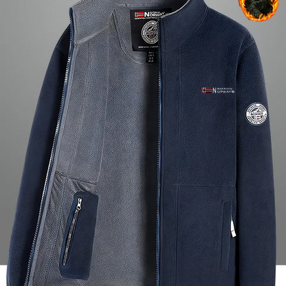 Men's casual fleece-lined jacket with stand collar, embroidery, zip-up cardigan, and warm knit fabric for fall/winter sports.