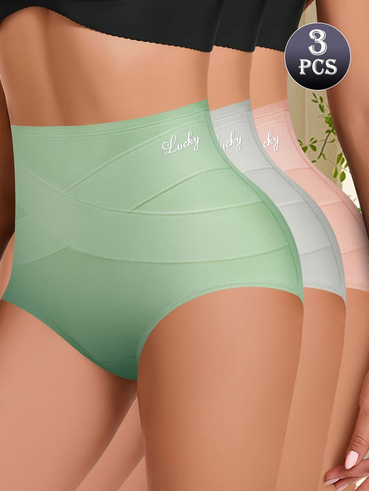 Set of 3 high-waist tummy control solid color underpants with cross-band design for women.