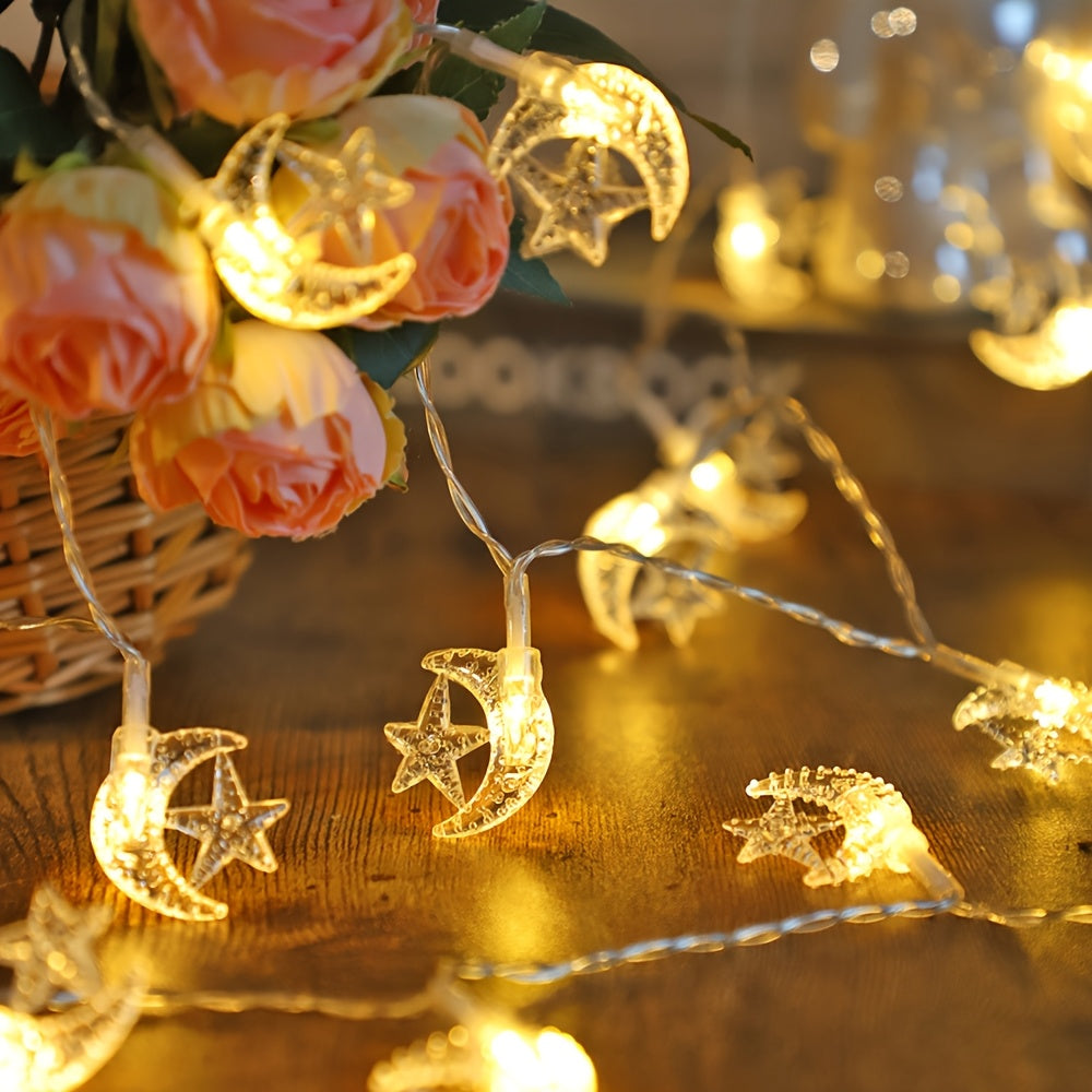 LED string lights with classic star and moon design, battery operated for indoor decor, ideal for bedrooms, walls, Ramadan, Eid, weddings, and parties.