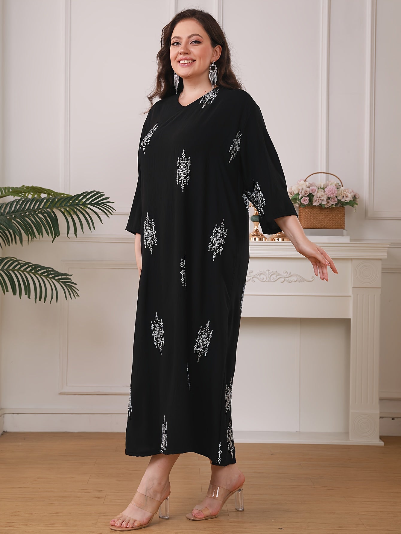 Stylish embroidered maxi dress with 3/4 sleeves, loose fit, woven polyester, machine washable, ideal for summer.