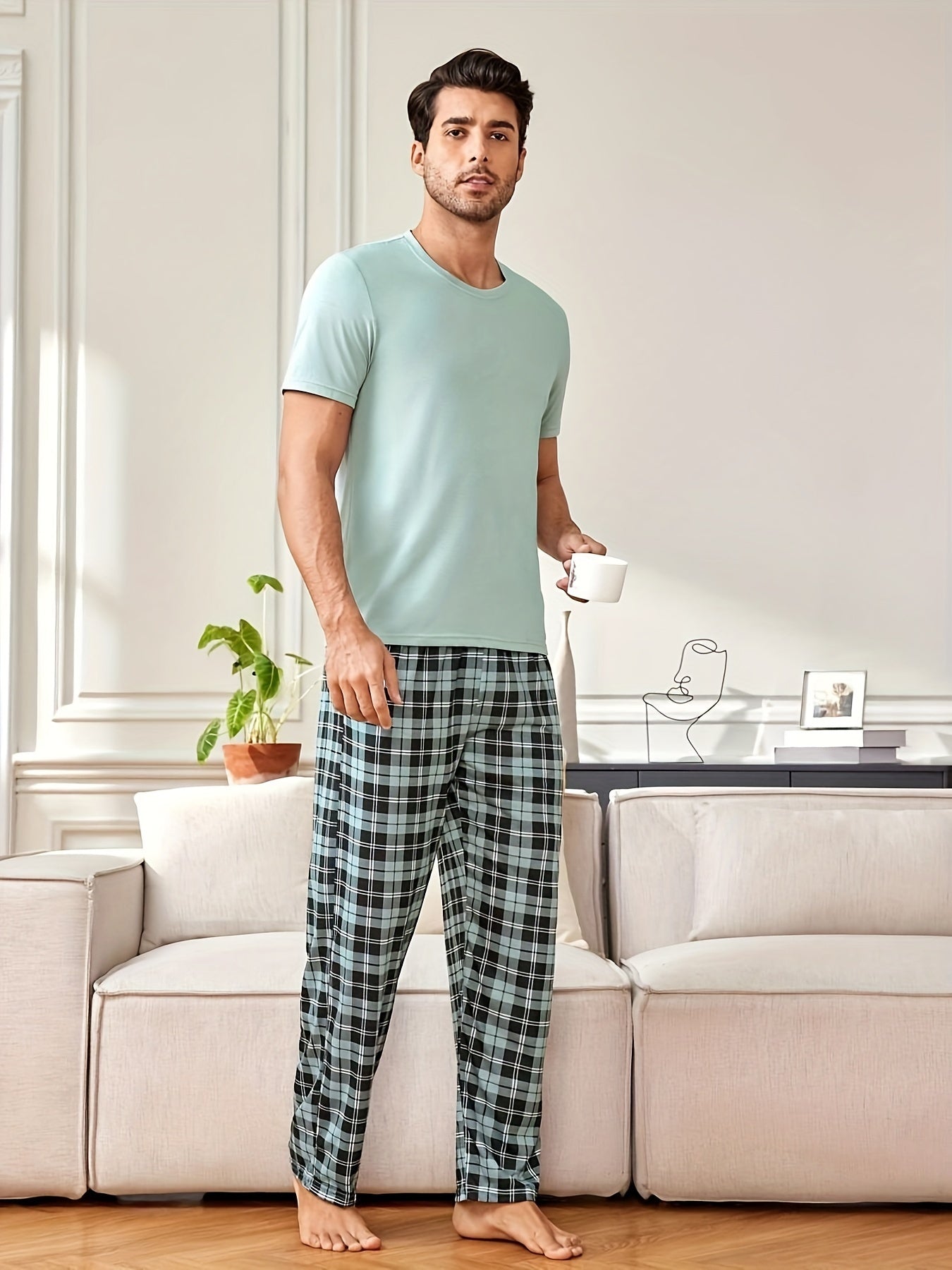 Men's Casual Plaid Pajama Set - Polyester Crew Neck Top and Long Pants, Comfortable Loungewear with Slight Stretch Knit Fabric