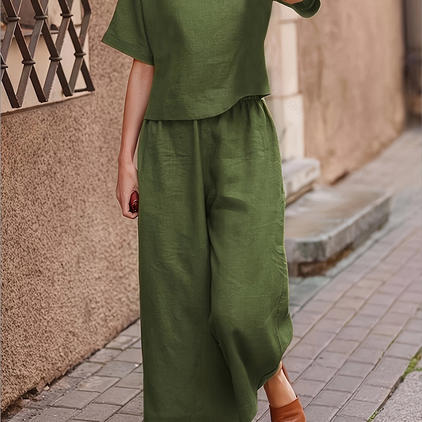 Casual Women's Crew Neck T-Shirt and Wide Leg Pants Set