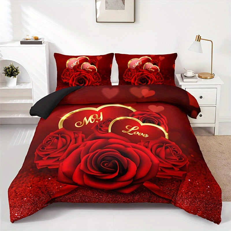 Set the mood for romance with this 3-piece Romantic Red Rose Love Floral Letter Duvet Cover Set, including 1 duvet cover and 2 pillowcases (pillow inserts not included). Featuring Valentine's Day HD printing, this bedding set is perfect for adding a