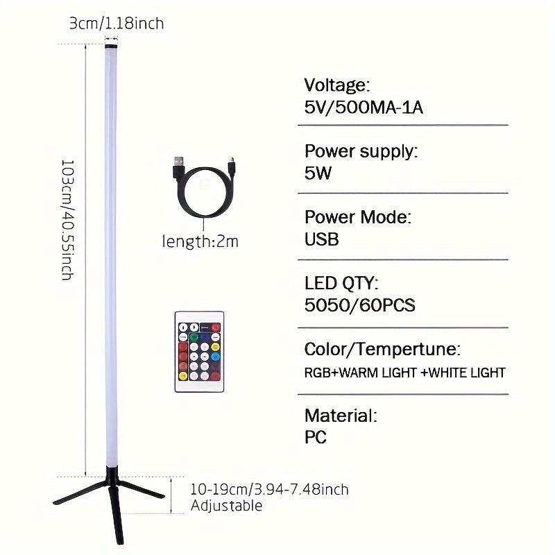 Smart LED floor lamp with app control, RGB music atmosphere, wireless, USB powered, multi-color standing lamp for various rooms and events. Not waterproof, no battery, with USB port.