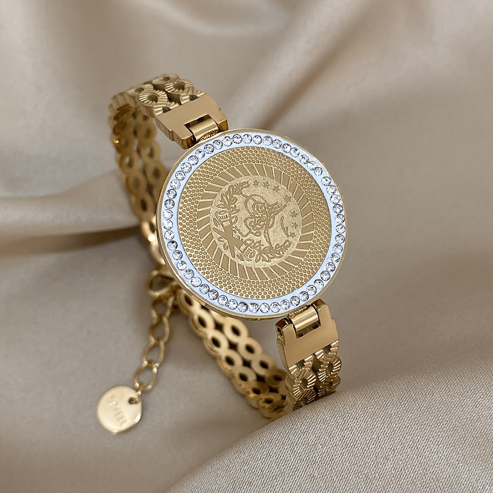 Round brand bracelet made of stainless steel plated with 18K gold and hollowed out, studded with rhinestones.