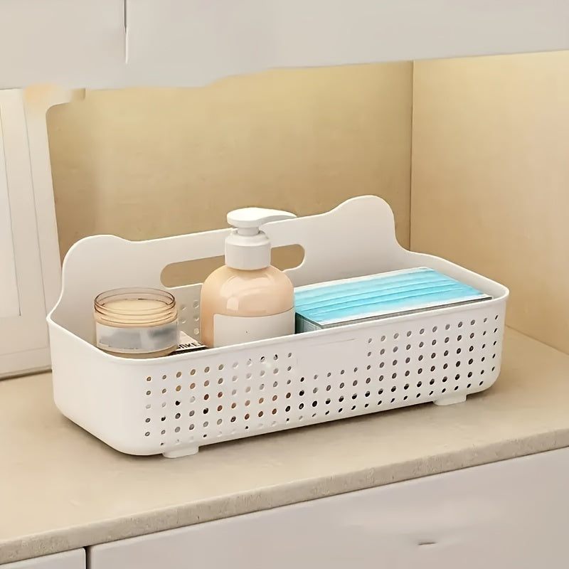 Modern Wall-Mounted Plastic Storage Basket - No Drilling Required! Adhesive Kitchen Organizer for Easy Bathroom and Kitchen Countertop Organization. Simple Installation.