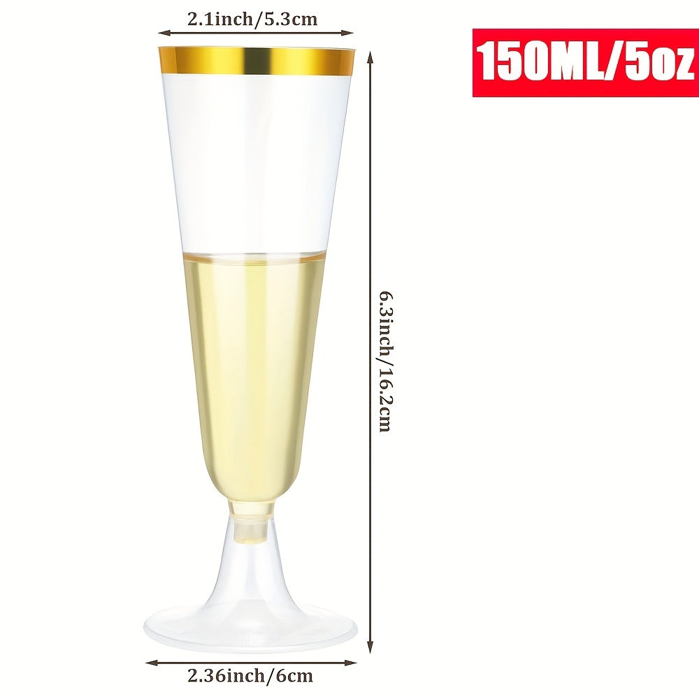 25 pieces of elegant champagne flutes with golden rims made of clear disposable plastic, perfect for weddings, parties, and celebrations. These recyclable glasses are ideal for toasting and cocktails. Impress your guests with these crystal look champagne