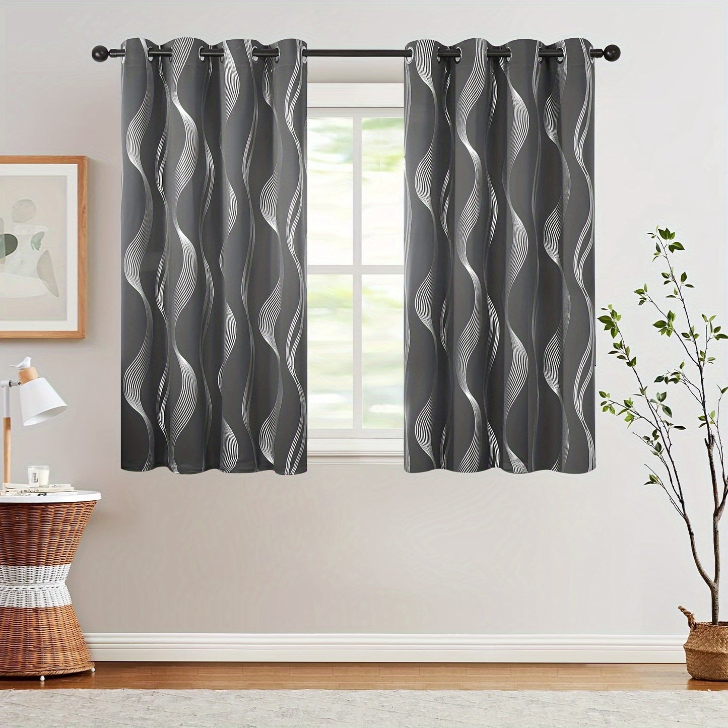 Two pieces of contemporary blackout curtains made from high-quality woven polyester, featuring a grommet top design for easy hanging. These room darkening drapes are machine washable and showcase a fantasy stripe pattern with eyelet detailing. Suitable