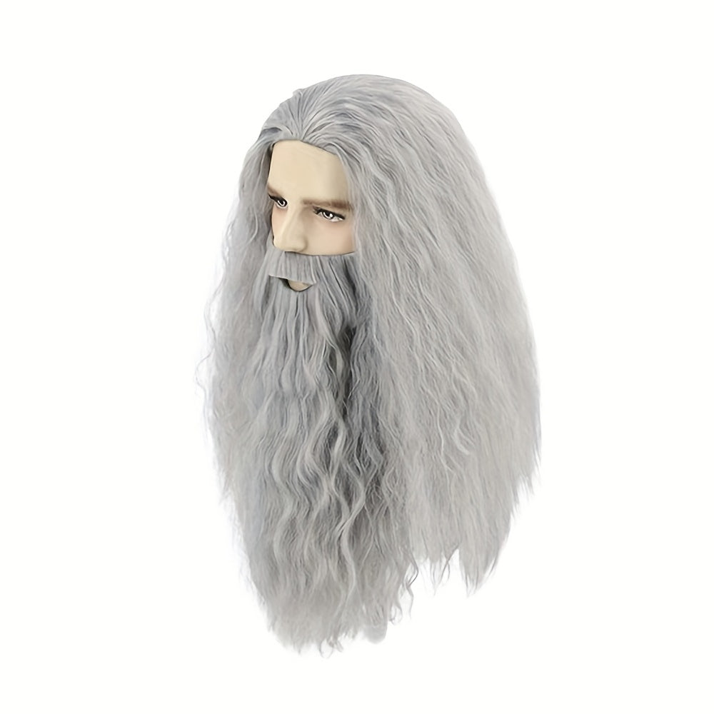 Get into the holiday spirit with our Long Gray and White Wizard Beard and Wig 2-piece set! Perfect for Halloween or Christmas dress-up, this men's wig and beard combo will have you looking like Santa himself. Embrace your inner wizard with this costume