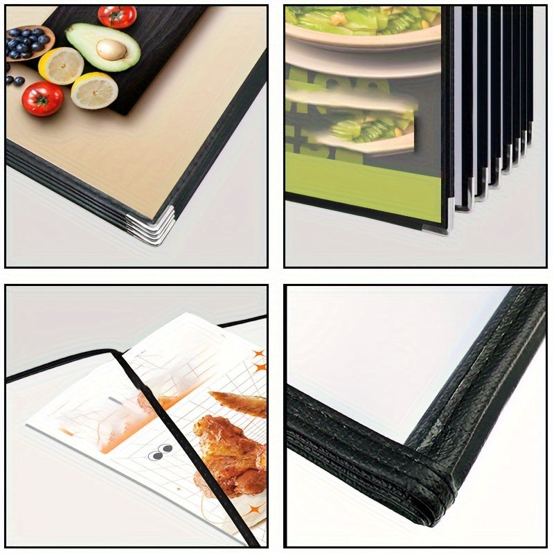 A set of 4pcs A4 leather menu display books with transparent loose-leaf pages, perfect for showcasing menus and recipes in restaurants. Includes PVC loose-leaf recipe book and cash register folder. Ideal for kitchen organization and storage.