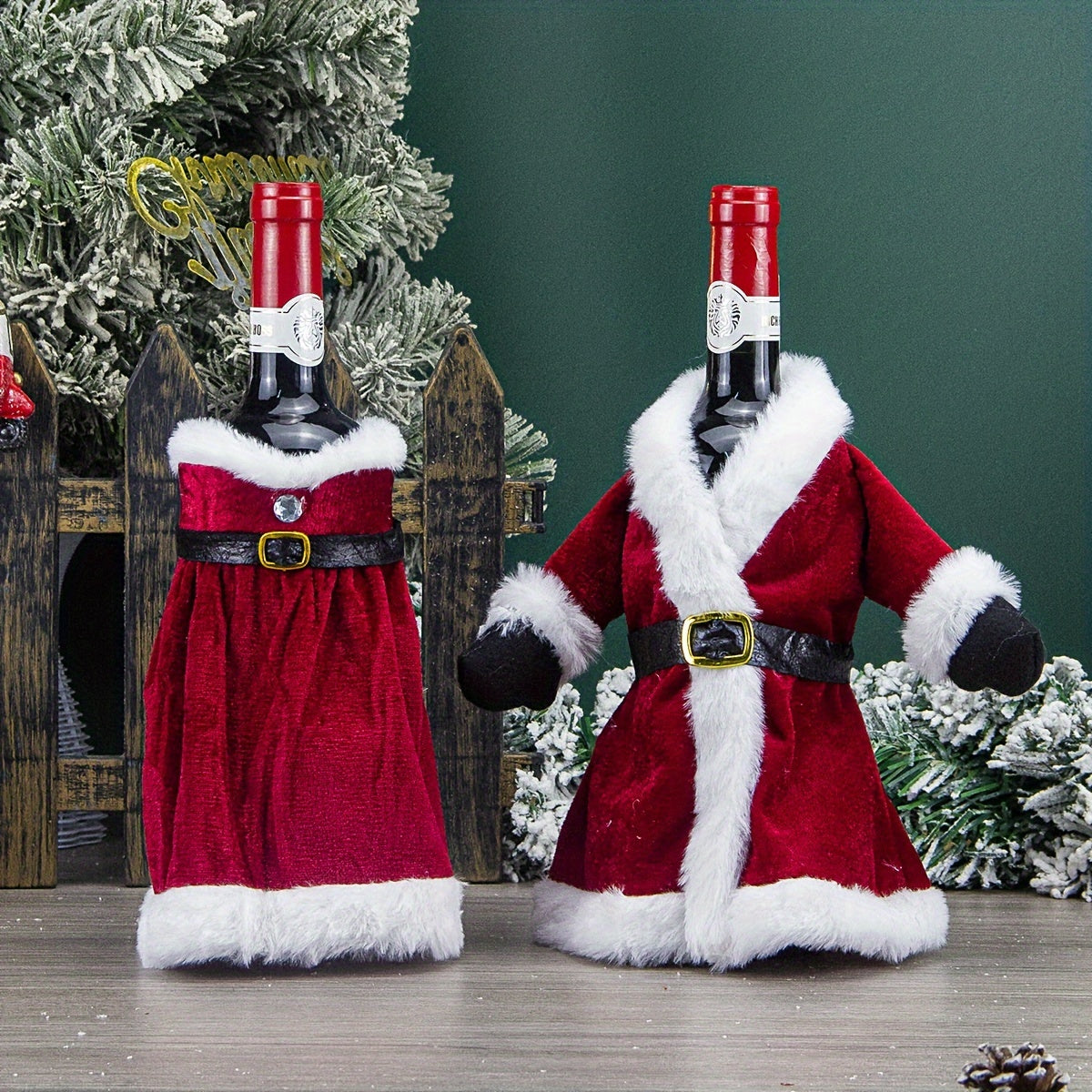 Set of 2 Festive Christmas wine bottle covers with sequined attire, plush hats, and leak-proof sweater. Perfect for wine lovers, home decor, and family gatherings.