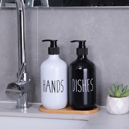 Set of 2 plastic soap dispensers for hand and dish soap, perfect for bathroom countertop storage.