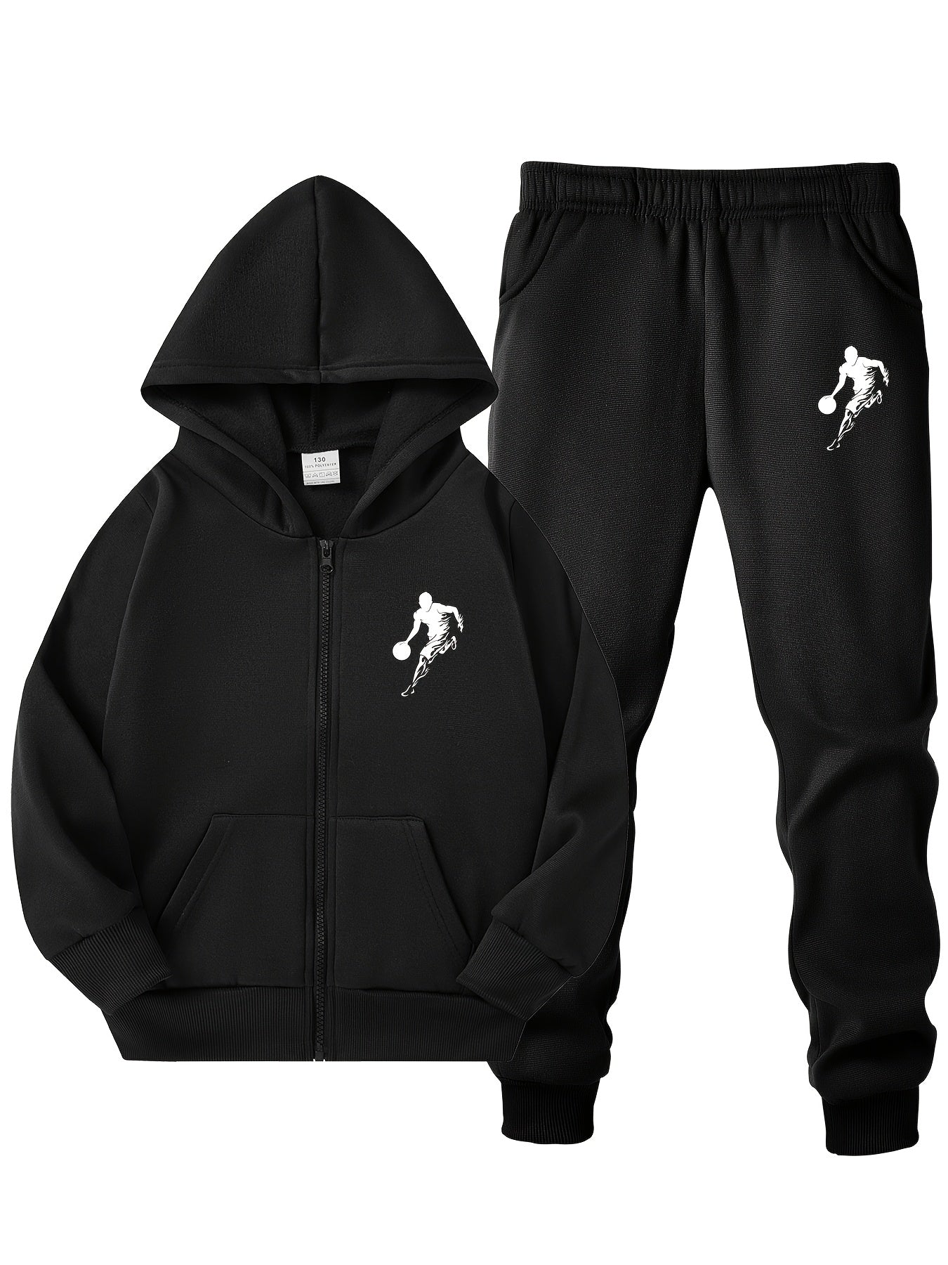 Boys' Basketball Player Print Hoodie & Jogger Set - Black, Polyester, Zip & Pockets, Great for Everyday & Sports, Perfect for Outdoors