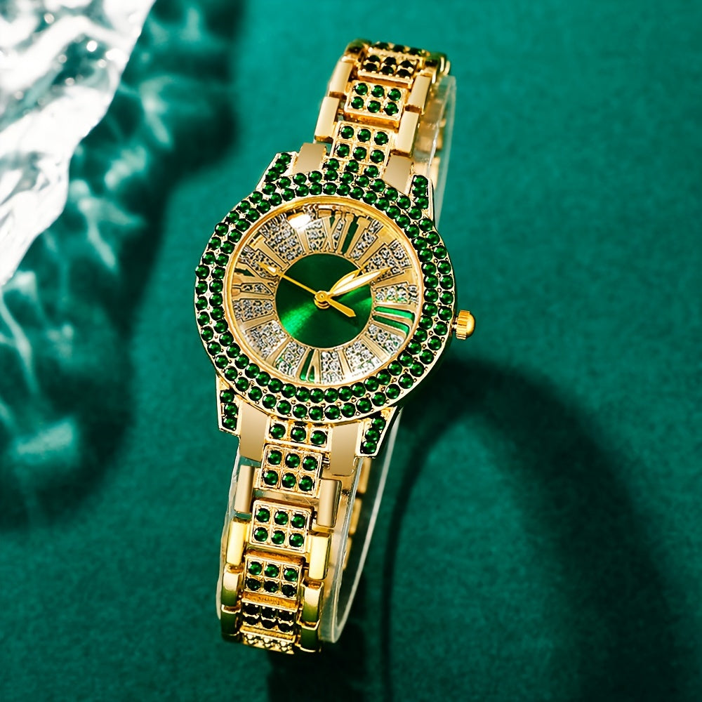 Elegant Green Quartz Wristwatch and Jewelry Set for Women, including 6 pieces with rhinestone accents, made of zinc alloy. Perfect for special occasions, with matching necklaces, earrings