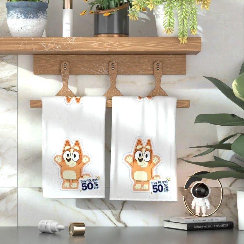 Two kitchen towels measuring 45.72X66.04 cm each, featuring whimsical cartoon designs. These adorable towels are perfect for use at home and showcase fun cartoon characters, making them ideal for cooking, dining, and everyday kitchen tasks. They also