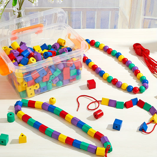 Set of 80 Lacing Beads for Toddlers - Colorful and Shape Sorting Toy for Preschoolers, Great for Occupational Therapy - Comes with String and Bag for Easy Storage