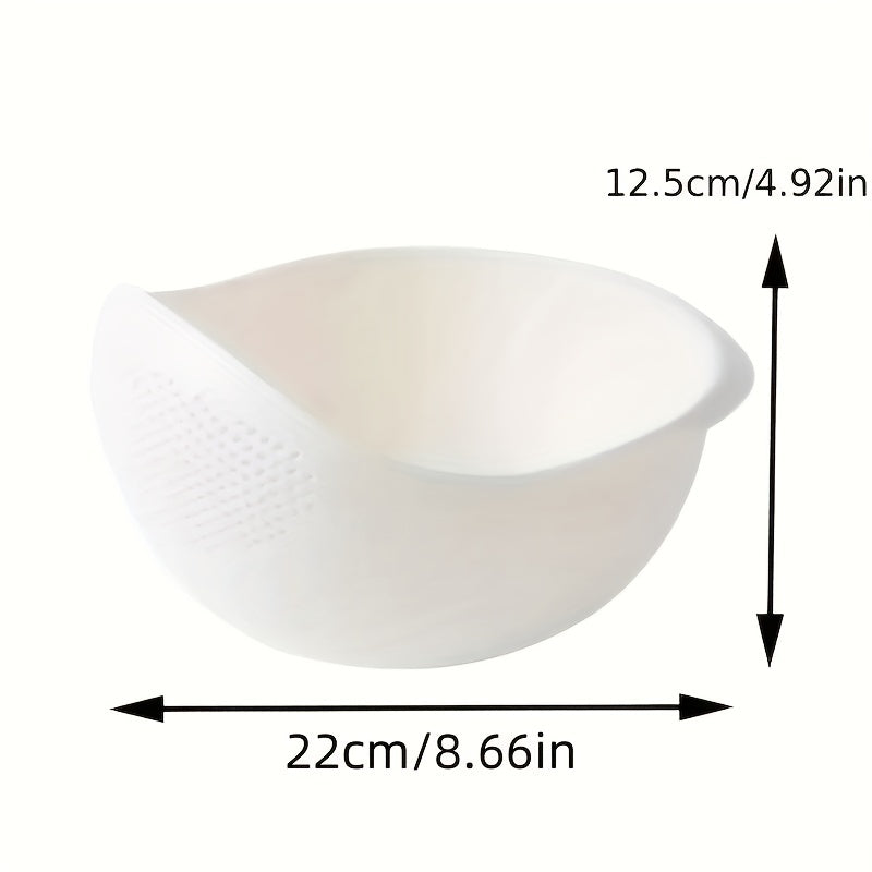 Plastic rice washing bowl with strainer for washing small grains and kitchen gadgets effectively.