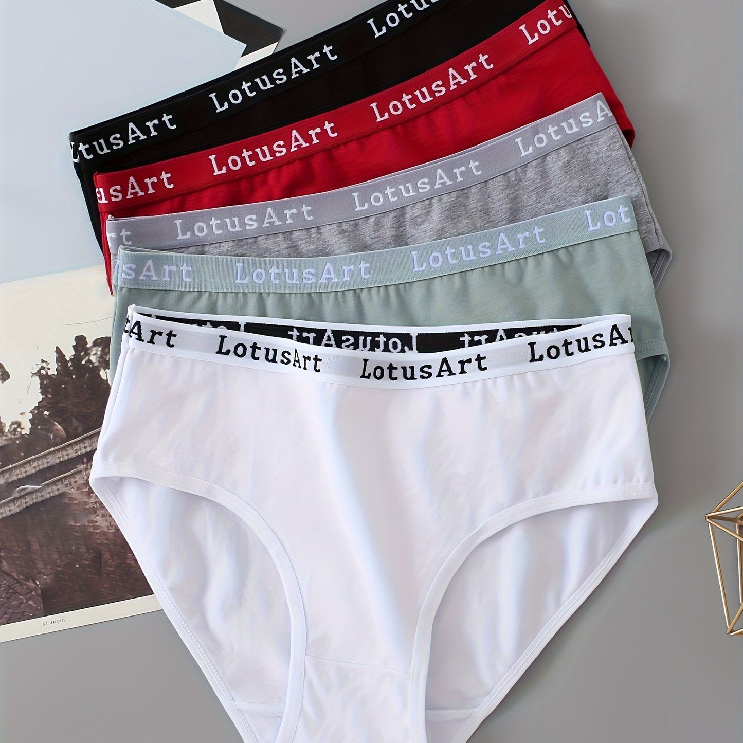 "Set of 5 Letter Tape Sports Briefs, Comfortable Mid Waist Women's Lingerie & Underwear