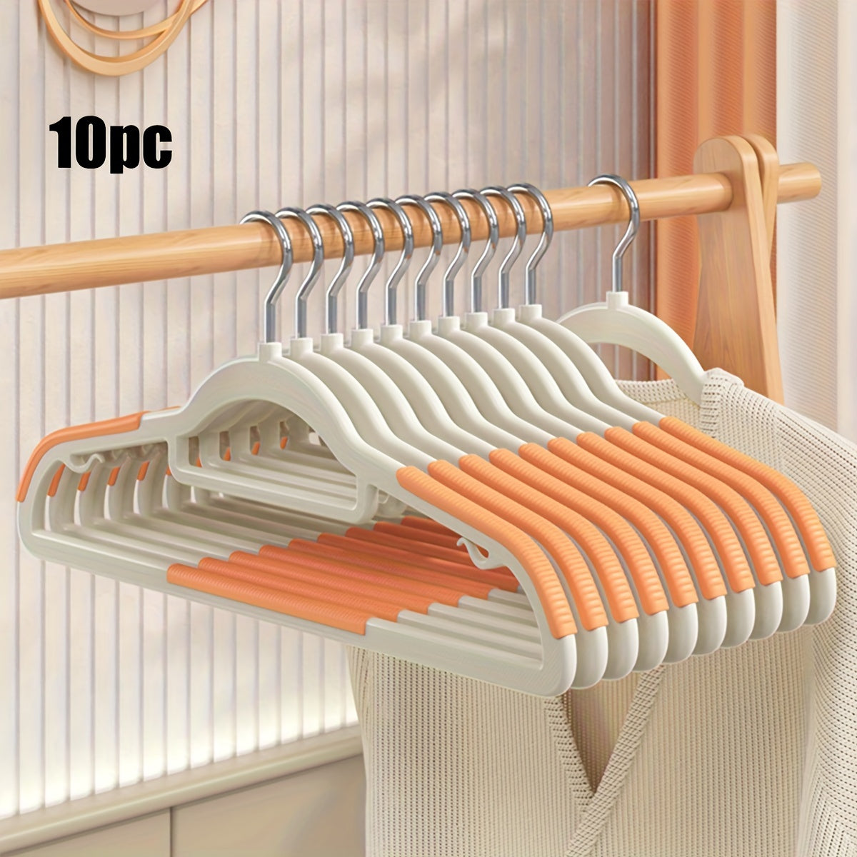 10 non-slip heavy duty clothes hangers for storage and organization in bedroom, bathroom, and home.