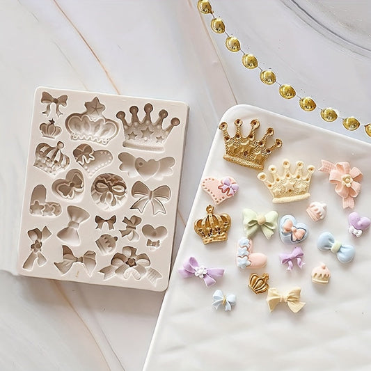 A single piece of the Crown Chocolate Mold, featuring a charming Kawaii design of crowns and bowties. This Silicone Mold can be used for making candies, fondants, and biscuits. Ideal for DIY cake decorating, this versatile baking tool is a must-have in