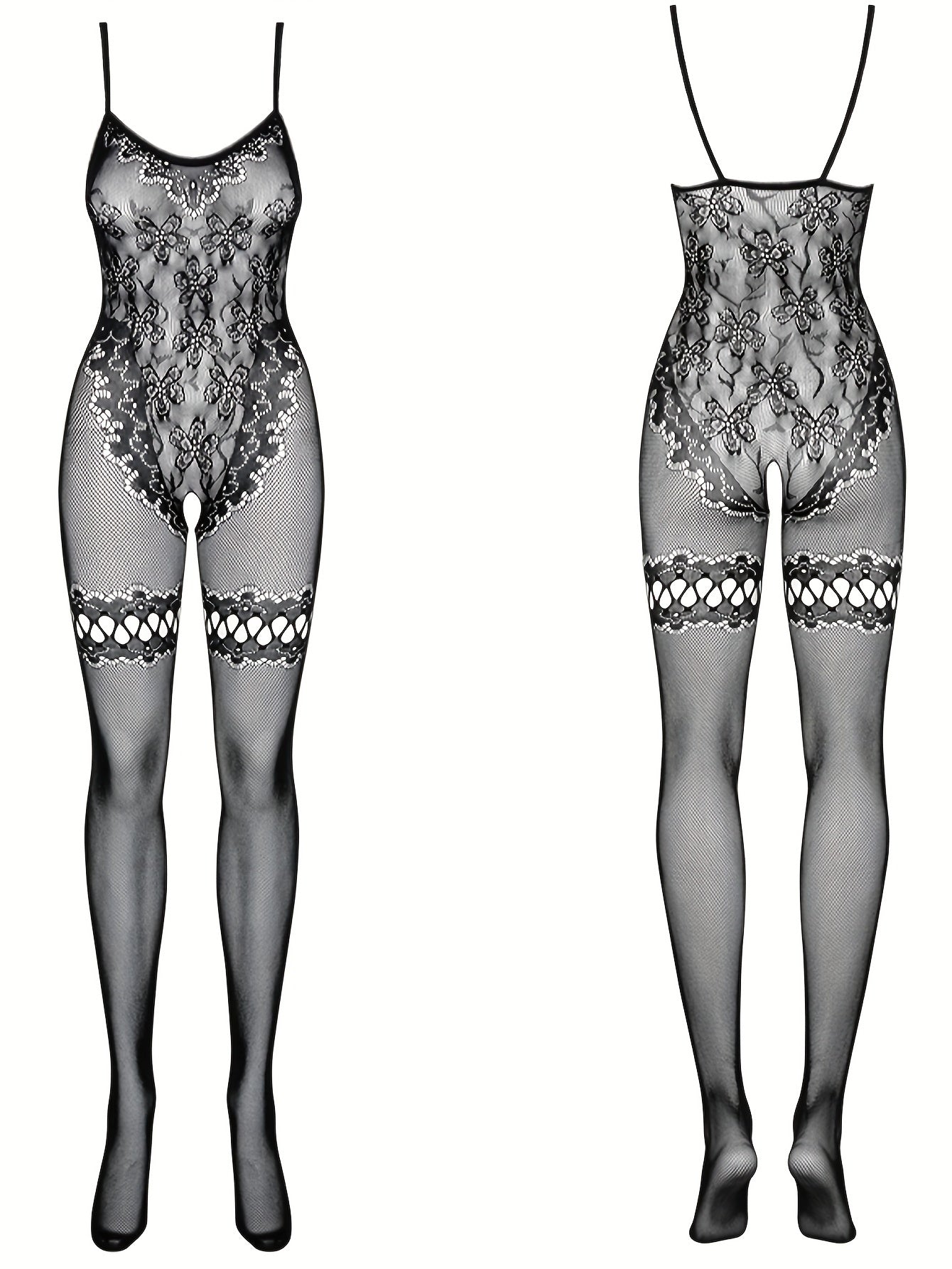 1pc Sheer Lace Bodysuit with Open Crotch and Floral Patterns, High-Elasticity Nylon/Elastane Blend, Hand Washable - Ideal for Music Festivals & Beachwear.