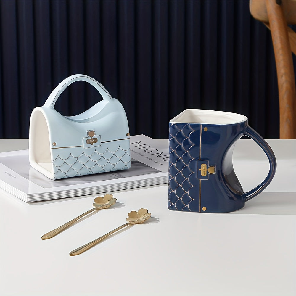 Handbag-shaped ceramic mug with spoon for coffee or tea, perfect for home or office use, with European luxury design.