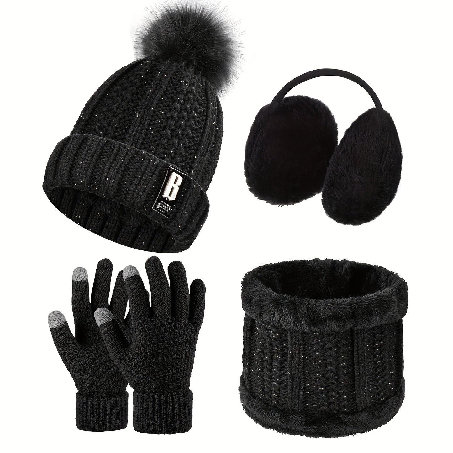 Winter Accessories Set for Women - Includes Polyester Knitted Beanie Hat with Pompom, Ear Warmers, Touch Screen Gloves, and Scarf - Perfect for Skiing and Outdoor Sports