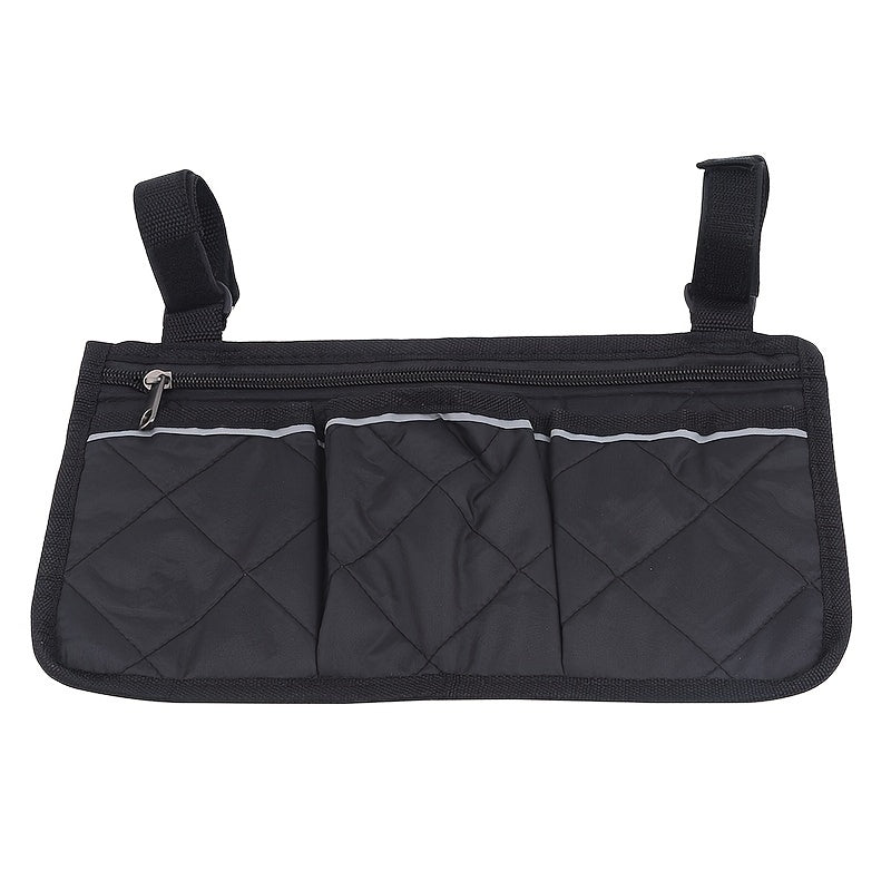 Portable hanging bag for stroller with reflective strip and multiple pockets, featuring armrest attachment and foldable design.