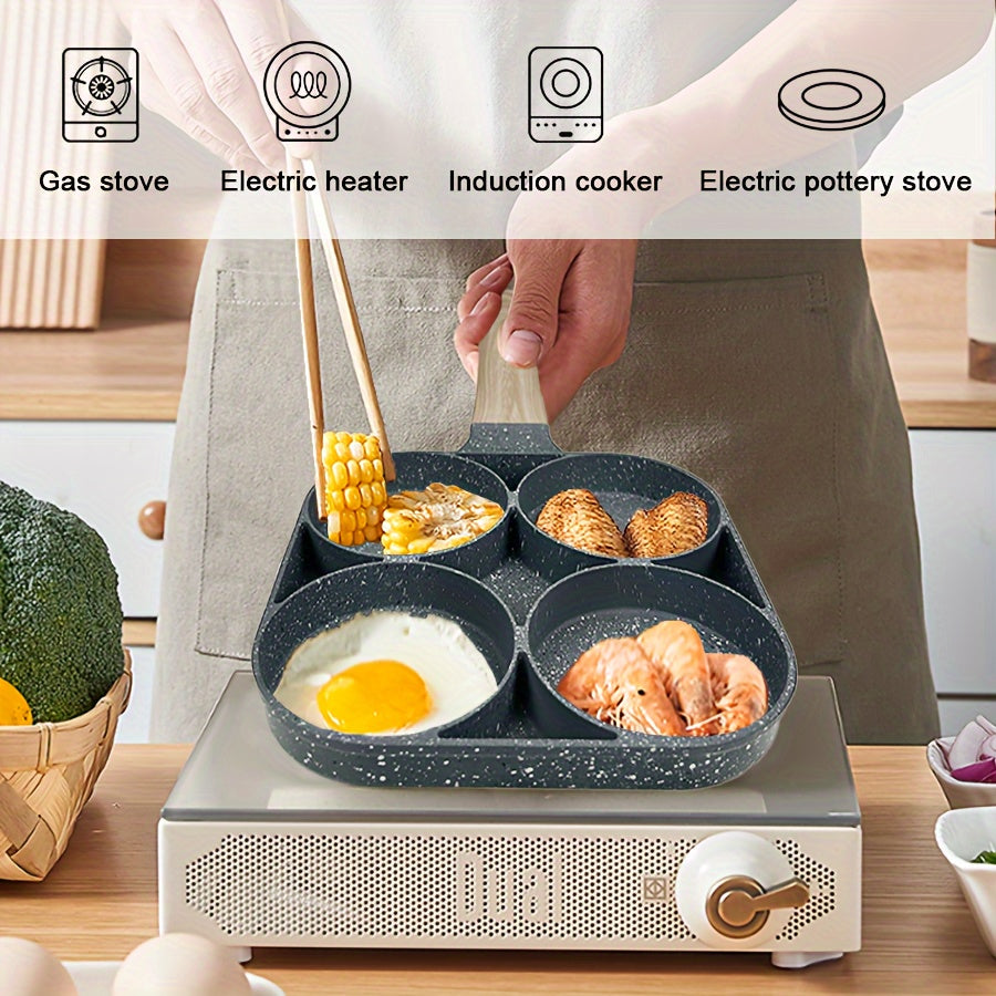 This Non-Stick Egg Pan with a Wooden Handle is perfect for cooking breakfast items like eggs and burgers. The 4-cavity skillet is compatible with gas stoves and is dishwasher safe. Made of lightweight aluminum, this pan weighs 14.2 oz.