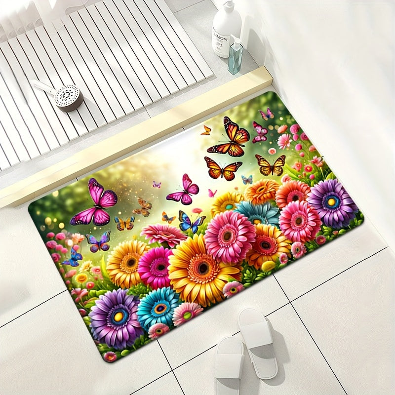 1 piece of Flannel Flower Anti-fatigue Kitchen Carpet with Sunflower Absorption and Anti-slip features, Butterfly Stain Resistant and Waterproof Mat for comfort in any room.