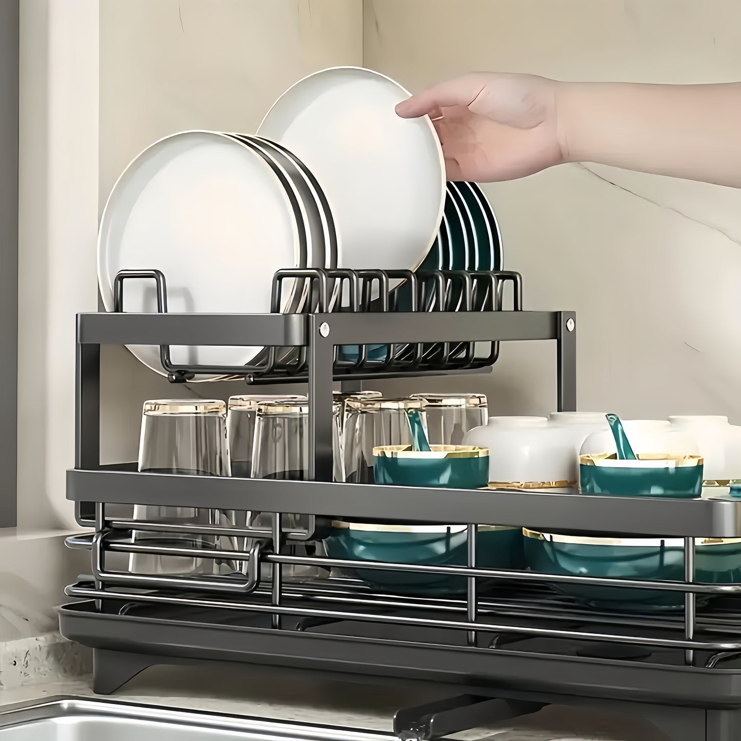 Compact double layer dish rack with drain board - high capacity, stackable & easy to clean, with cup and cutlery holder - ideal for kitchen organization.