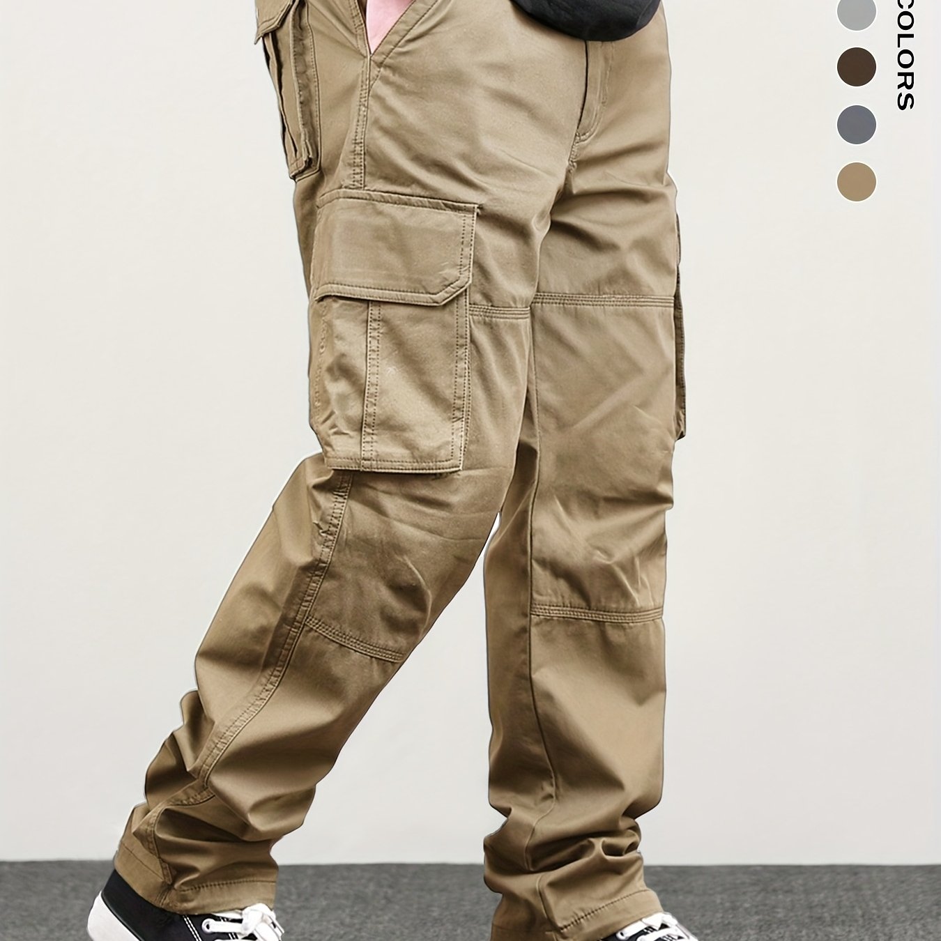 Men's classic solid color cargo pants with multiple pockets, loose fit, and drawstring waist. Perfect for outdoor activities, fishing, and streetwear.