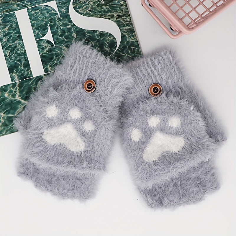 Hand Washable - Convertible Mitten Flap Casual Acrylic Gloves with Cartoon Cat Claw Design, Elastic Knit Winter Gloves Providing Non-Slip Grip and Windproof Protection. Perfect for Weekend Casual Wear.