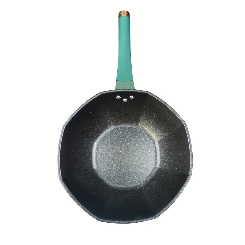 "Wheat Straw Stone Coated Octagonal Non Stick Pan - 1 Piece measuring 34CM. Features a flat bottom design suitable for low oil frying. Compatible with induction cookers and gas stoves. Perfect for use in households as a versatile kitchen cookware supply.