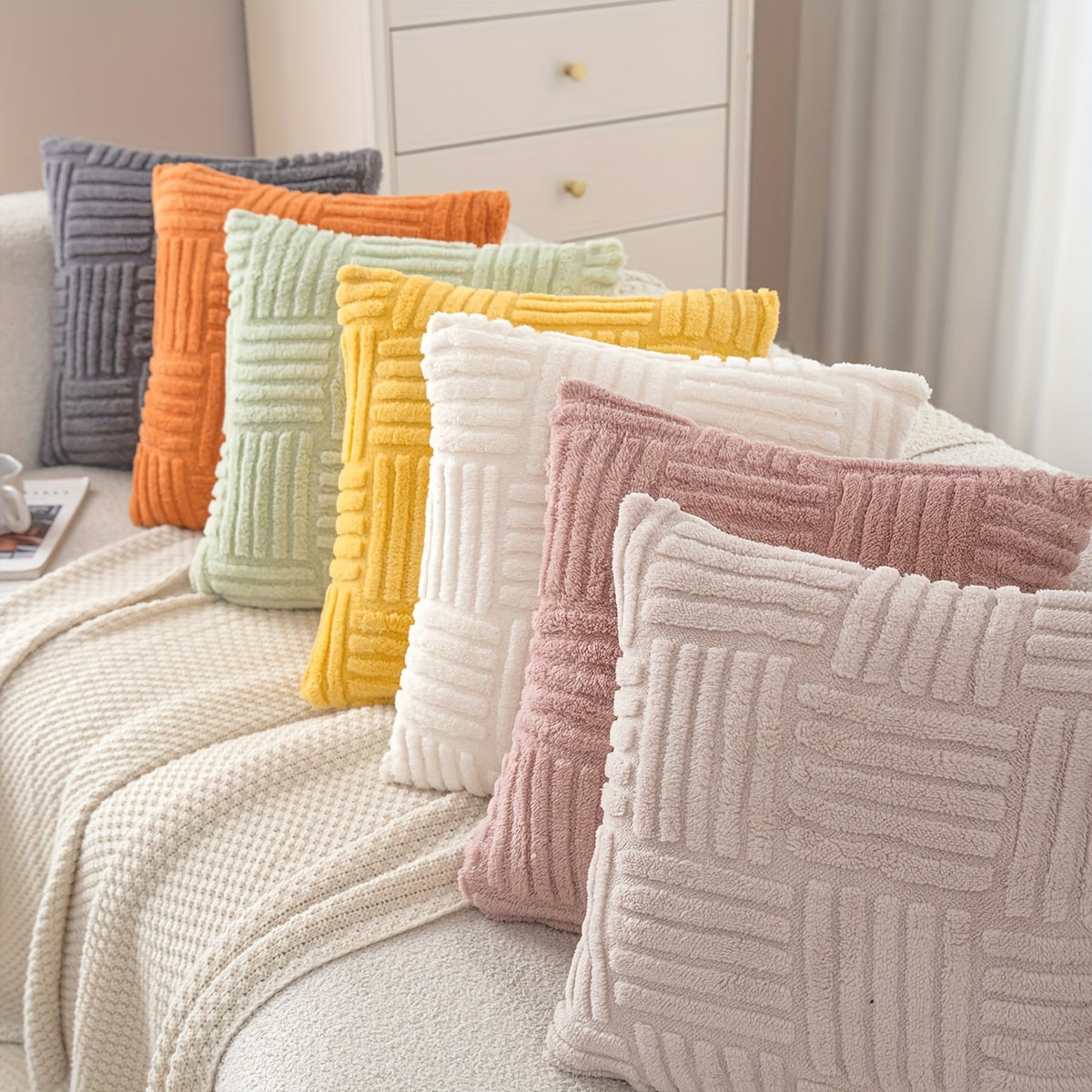 1 piece Boho Home Decor Throw Pillow Cover, Soft Plush Stripe Farmhouse Cushion Cover in 45.72cm*45.72cm and 30.48cm*50.8cm sizes. Cozy Modern Pillowcase for Sofa Couch Bed Room Decor, No Pillow Insert.