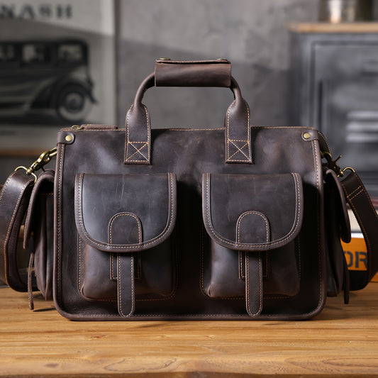 Vintage leather briefcase for men with minimalist style, top layer cowhide, adjustable shoulder strap, zipper closure, suitable for daily commute.