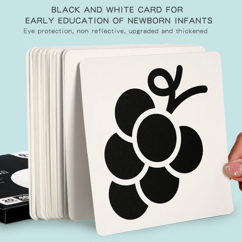 High contrast black and white red cards for visual stimulation and brain development for children up to 6 months. Contains 40 pages of 20 cards.