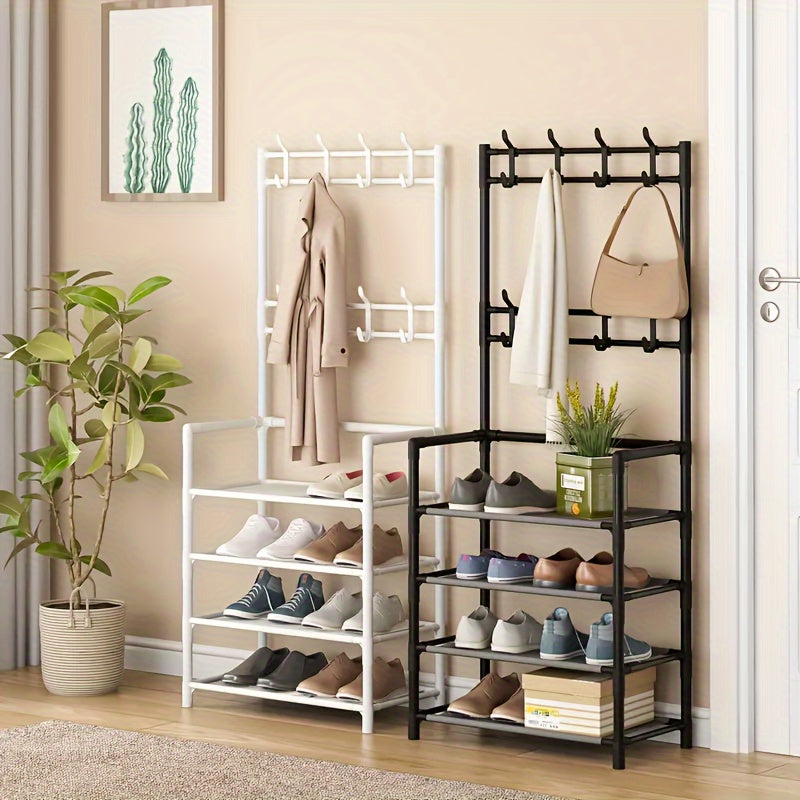 Create a Stylish and Organized Entrance with the [Modern Charm] Black Metal Entryway Organizer - 152.4cmxMJ Coat Rack Featuring Hooks & Shoe Shelves. Made from Durable Zinc Alloy with a Bubble-Free Finish, Perfect for Storing Clothes, Hats, Bags, and