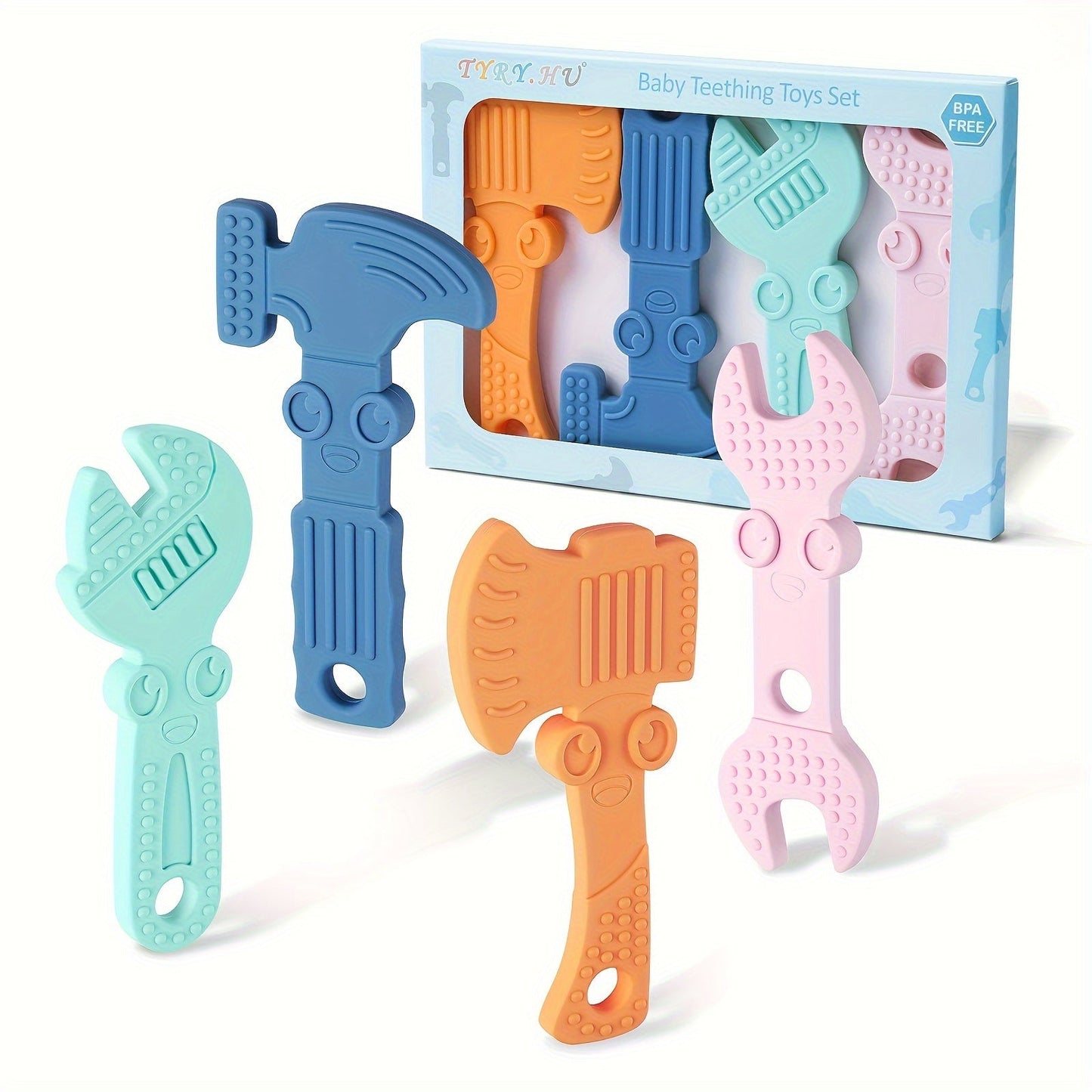 TYRY.HU 4-Pack Baby Tools Toys, Made from BPA-Free Silicone, Includes Soft-Textured Hammer, Wrench, Spanner, and Pliers, Perfect for Boys & Girls, Easy to Grip & Clean, Great Gift for Christmas & Thanksgiving