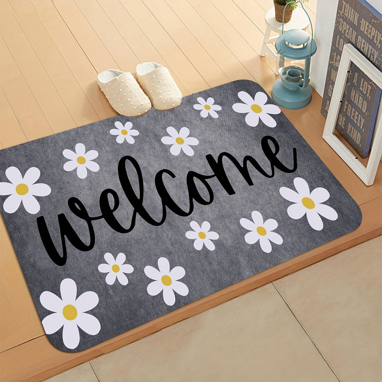 One piece of the "Welcome" Floral Anti-Fatigue Doormat is available. It is non-slip, absorbent, and machine washable with a double-lock edge. Ideal for use in kitchens, hallways, laundry rooms, and entrances, this soft crystal velvet mat weighs 830g/m²