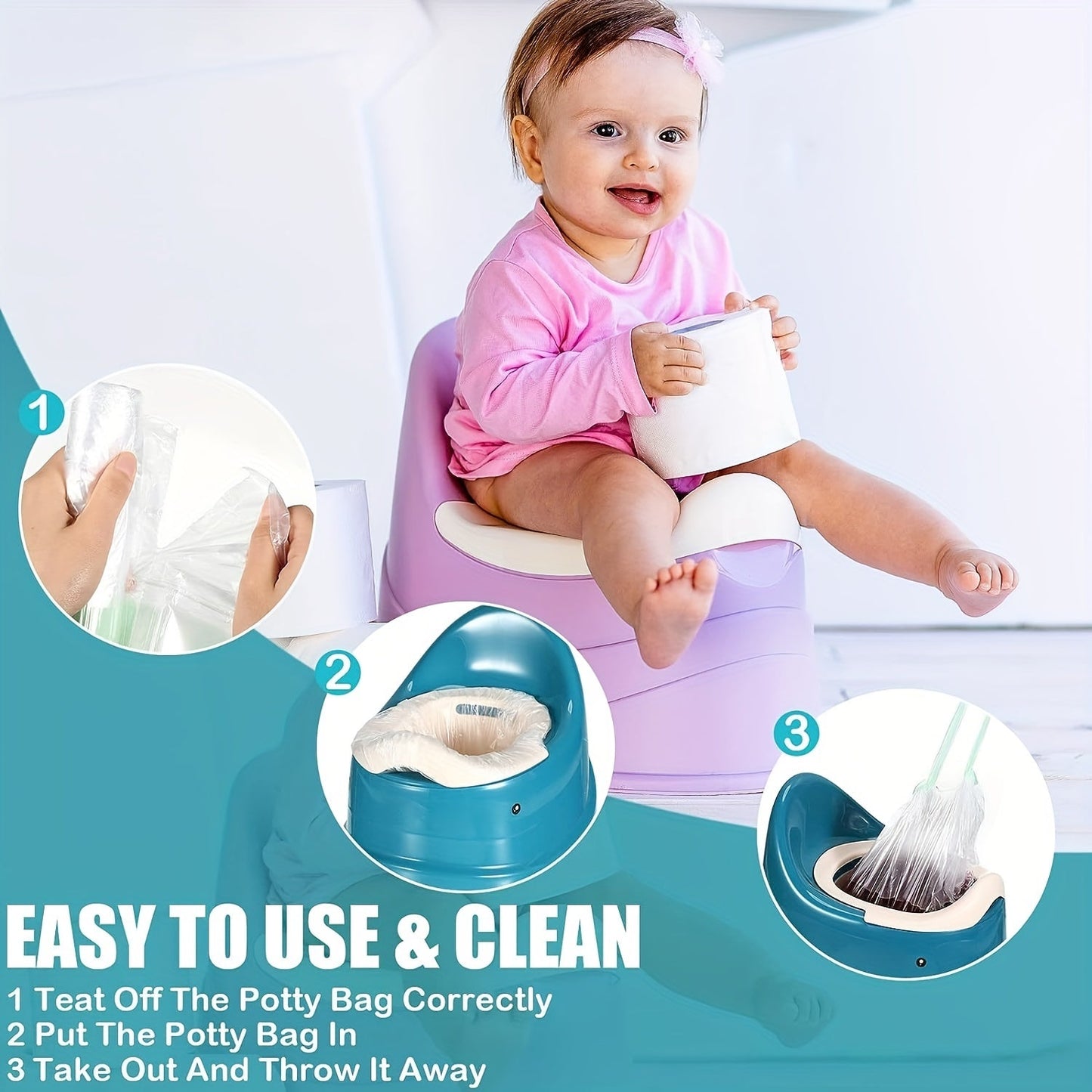 100 ta Potty Chair Liners to'plamlari, tortish ipi bilan, o'qitish hojatxonasi o'rindiqlari uchun mukammal. Bolalar uchun 44 X 24 sm o'lchamdagi bir martalik tozalash sumkalari. Rojdestvo, Halloween yoki Thanksgiving kuni uchun ideal.