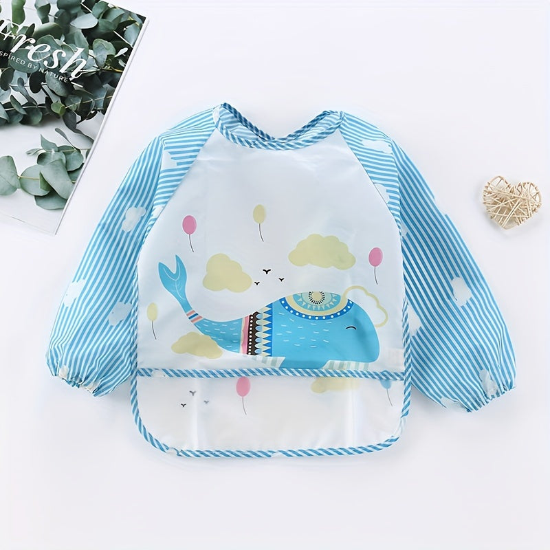 Long-sleeved Waterproof Feeding Bib with Adorable Cartoon Design, Reversible Wear Option.