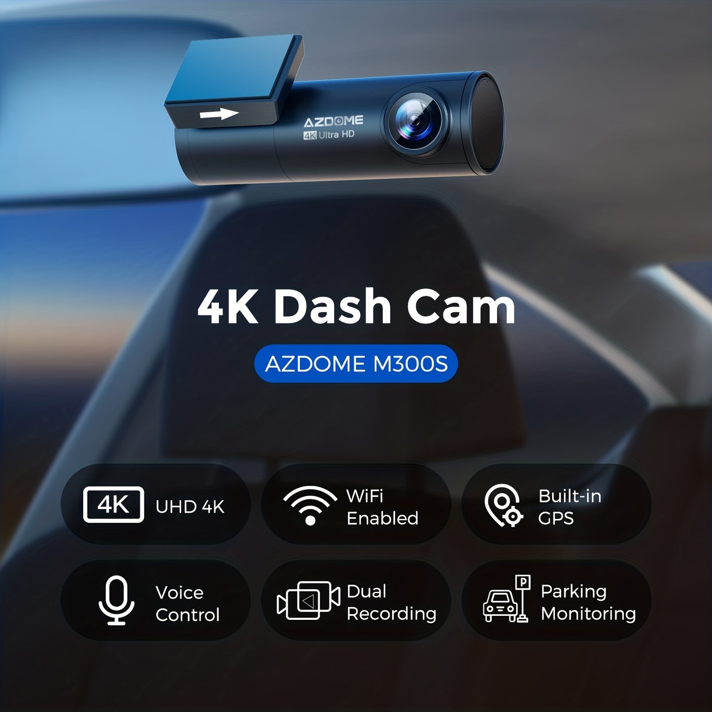 AZDOME M300S 4K HD Dash Cam with front & rear live recording, 5G WiFi, GPS, voice control, WDR, G-sensor, parking monitoring, and included SD card.