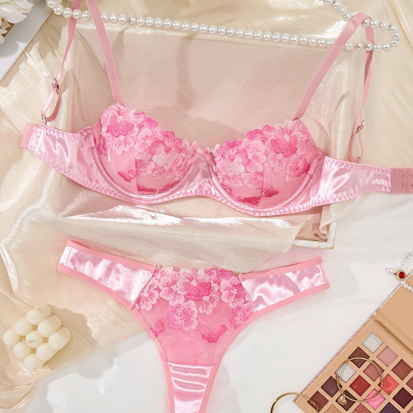 Chic pink floral lingerie set for women, featuring a comfortable push-up bra and low-rise briefs - ideal for casual wear.