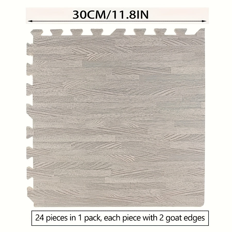 24 wood grain interlocking floor tiles, EVA & PE foam, 30x30 cm, DIY puzzle carpet for indoor use, hand washable.