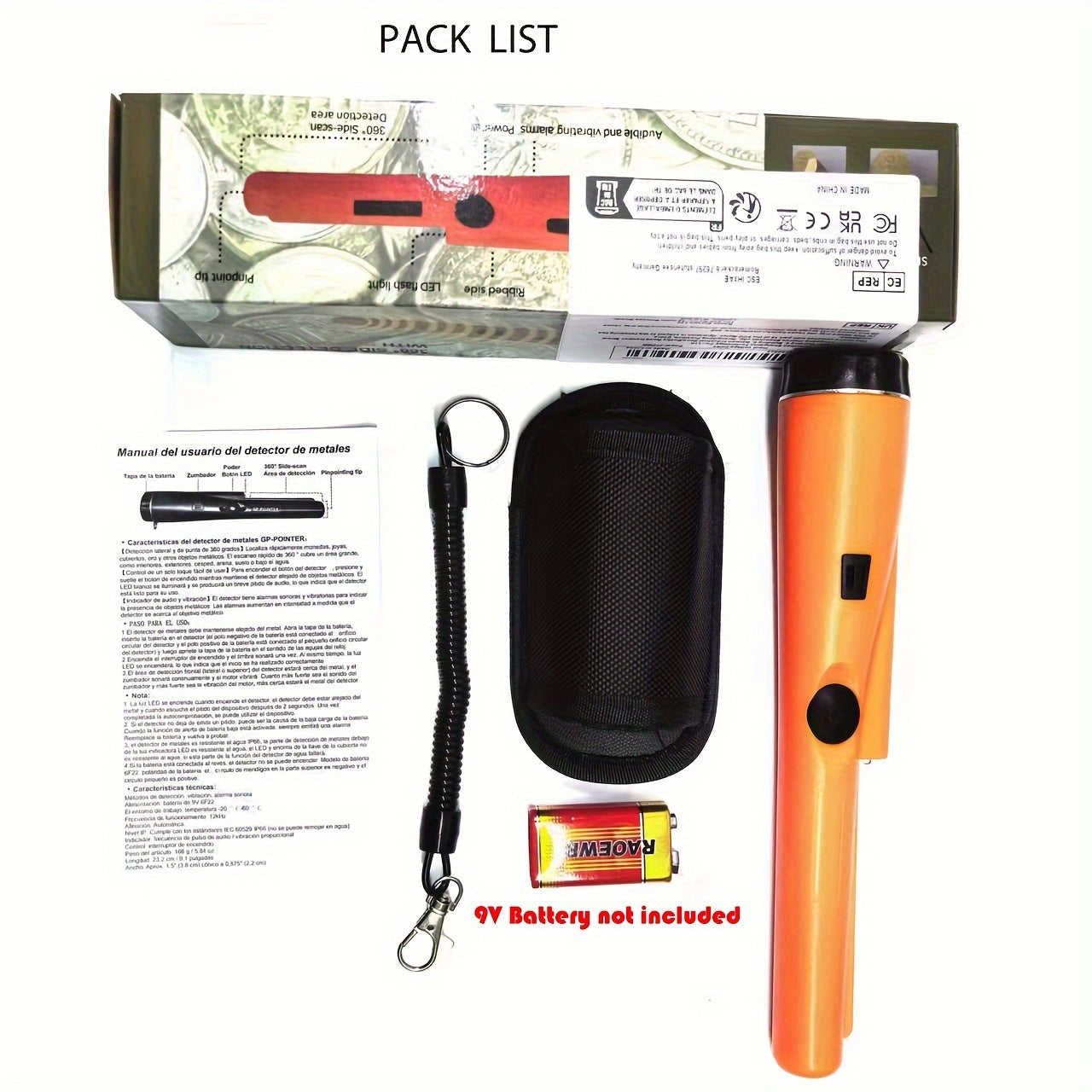 Metal Detector Pinpointer, Professional Handheld Wand for Treasure Search, Battery not included.