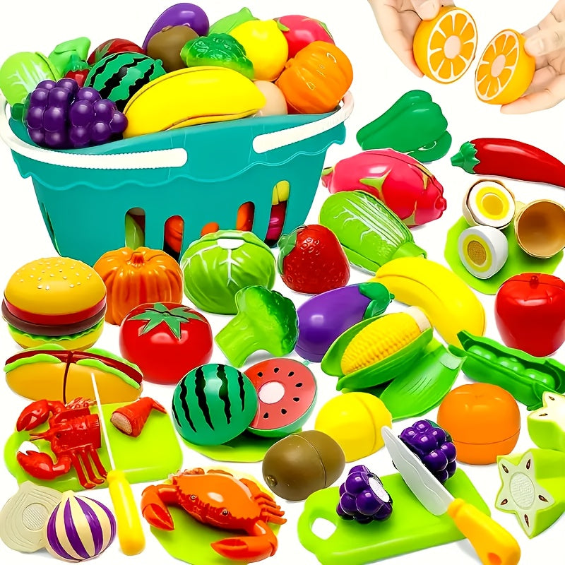 Toy set for multiple people with kitchen pretend food, accessories, fake fruits/vegetables, great for gifts.