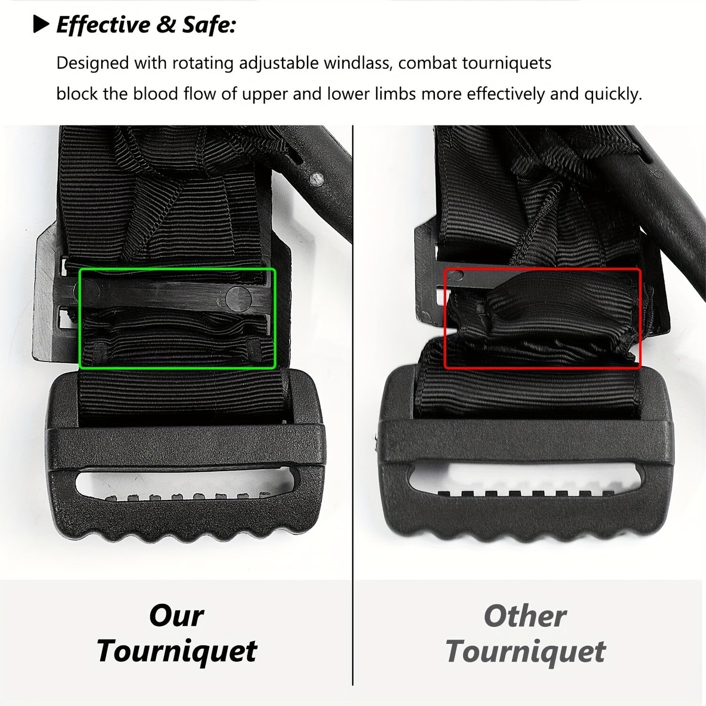 Black tactical tourniquet pack with self-adhesive metal buckle and single-handed windlass system for arterial control.