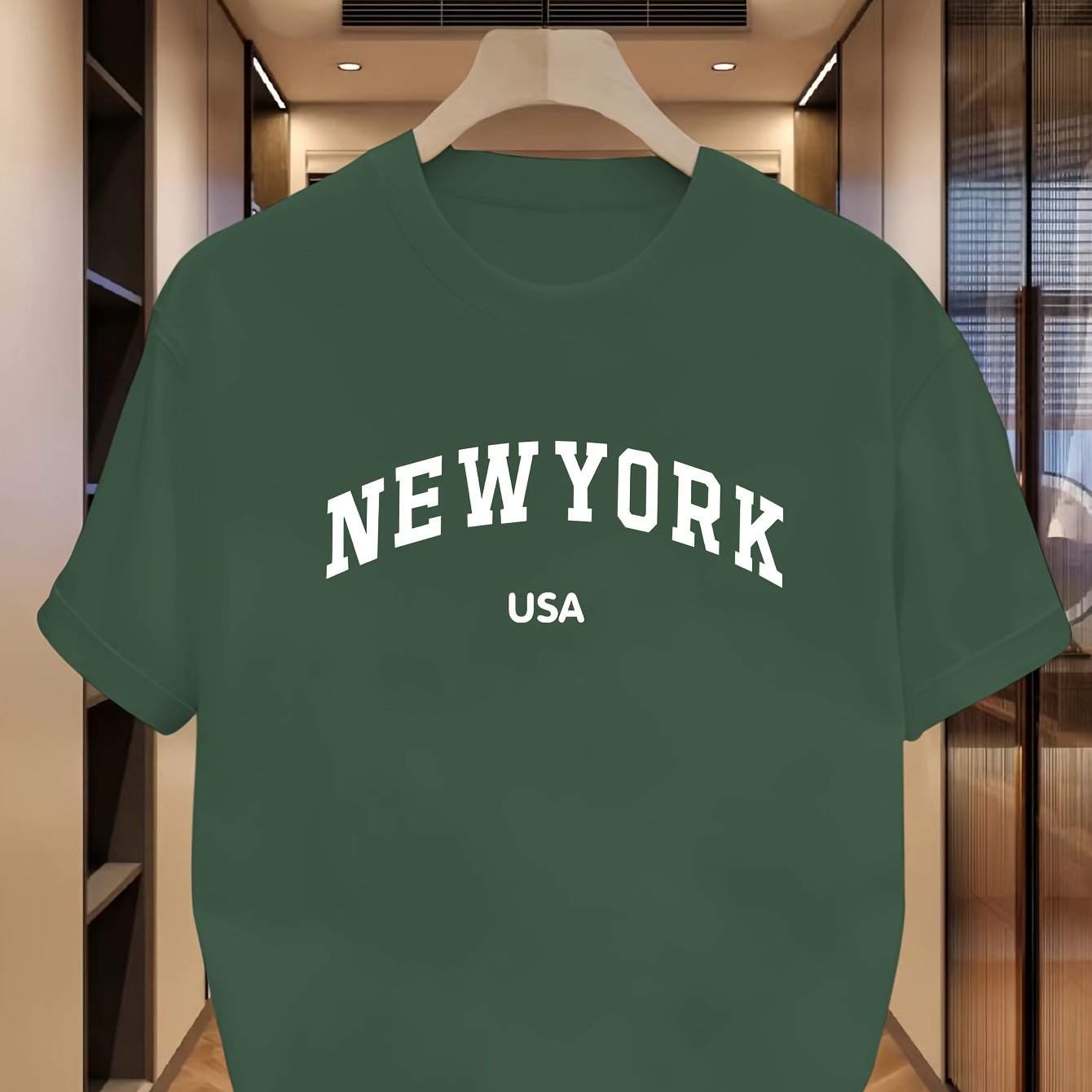 Men's casual crew neck t-shirt with NEW YORK USA print, 95% Polyester 5% Elastane, Slight stretch, Regular fit, Summer wear, 180gsm.